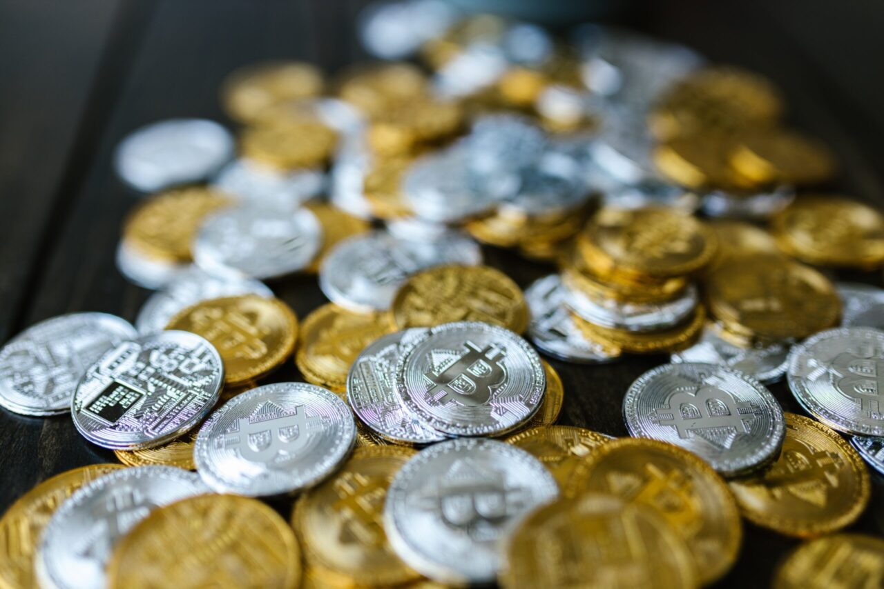 Bitcoin coins on a table
