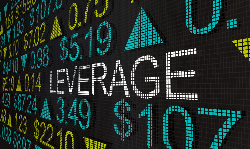 The image shows quotes of financial instruments and the word leverage