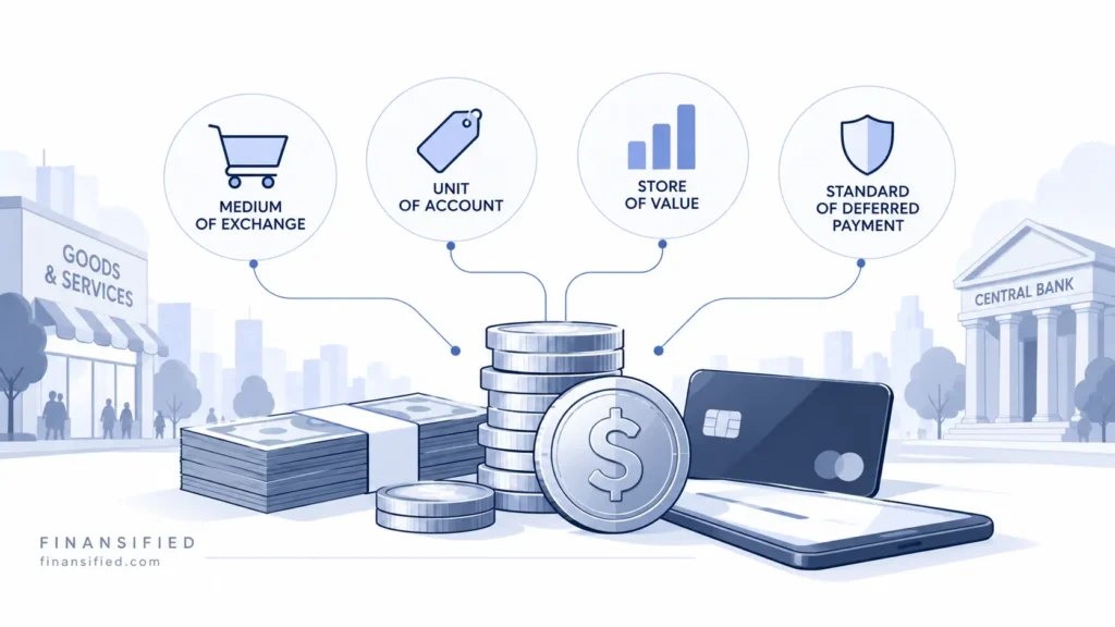 What is money illustration showing coins, banknotes and digital payments connected to money’s core economic functions.