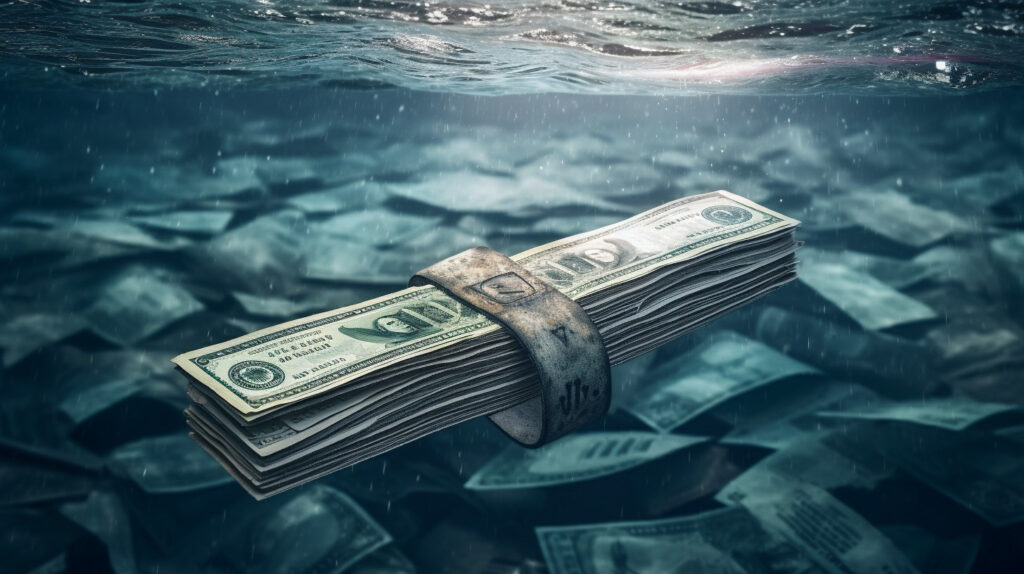 A wad of bills floating in the ocean