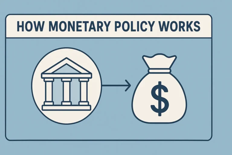 Flat-style infographic showing how monetary policy works, with a central bank icon on the left connected by an arrow to a money bag icon on the right, under a header titled ‘How Monetary Policy Works, on a light blue background