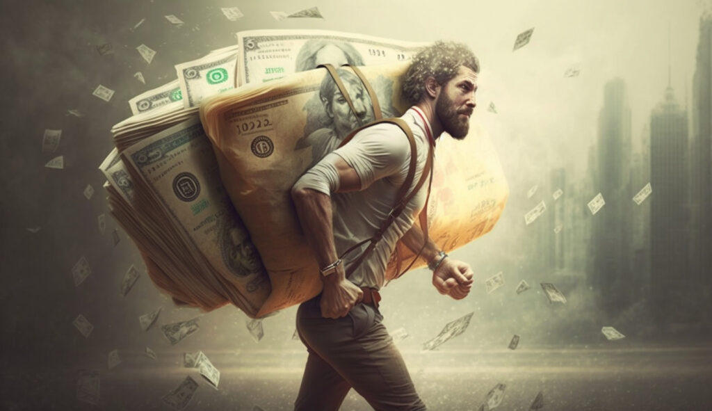 A trader carries money in a bag