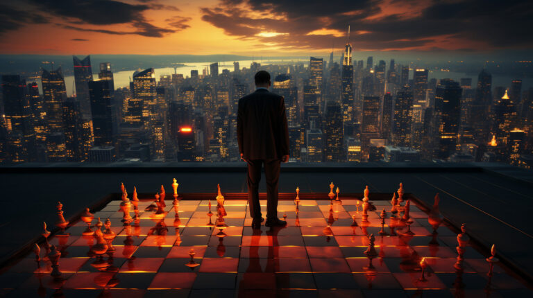 risk manager stands on a giant chess board and looks out of window