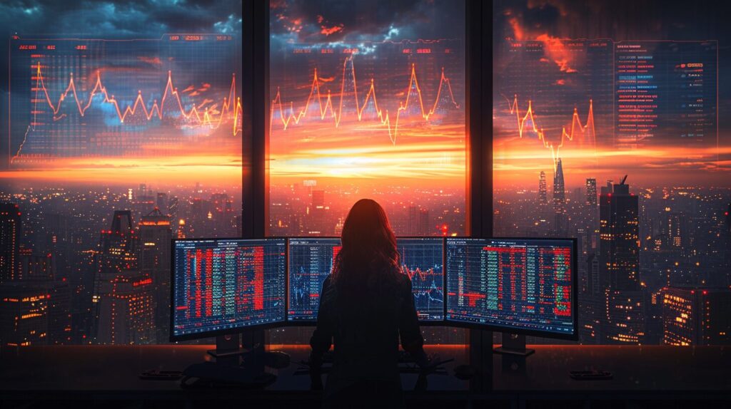 Woman forex trader stands in front of computer screens and looks at the city
