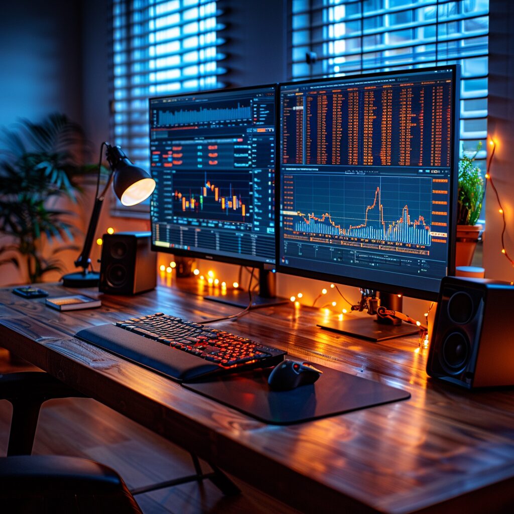Trading desk of a forex trader with two screens