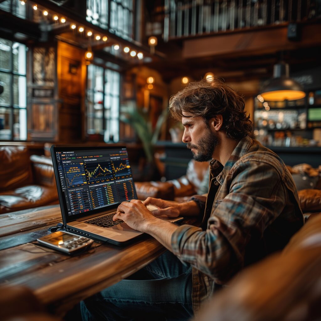 Forex trader selects a forex broker on his laptop computer