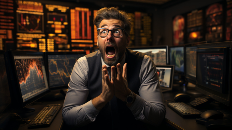 Financial Trader in his office looking shocked at Forex Market Data