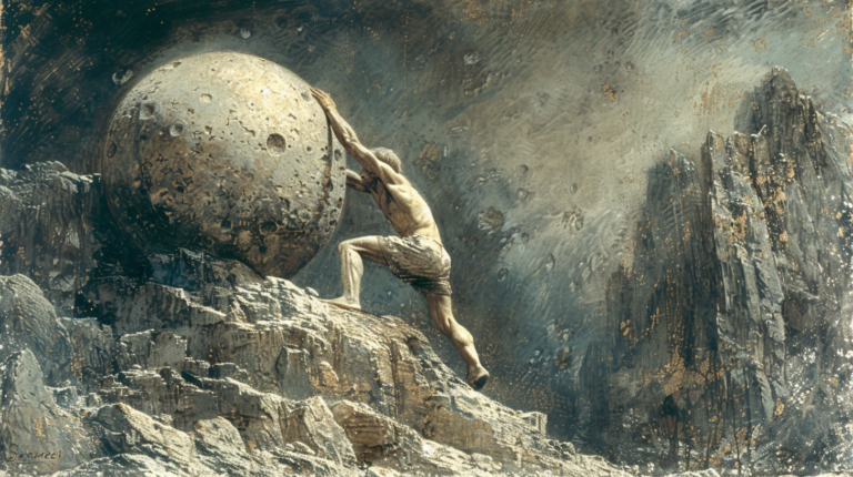 Sisyphus rolling a stone up the hill
