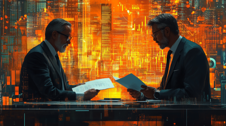 Two business professionals in suits sit across from each other, exchanging documents symbolizing a forex derivatives contract. The background is filled with glowing orange and yellow data charts, graphs, and financial symbols, representing the complex and dynamic nature of trading in forex derivatives. The futuristic setting emphasizes the high-tech environment of modern financial markets, with the detailed patterns suggesting continuous market analysis and risk management.