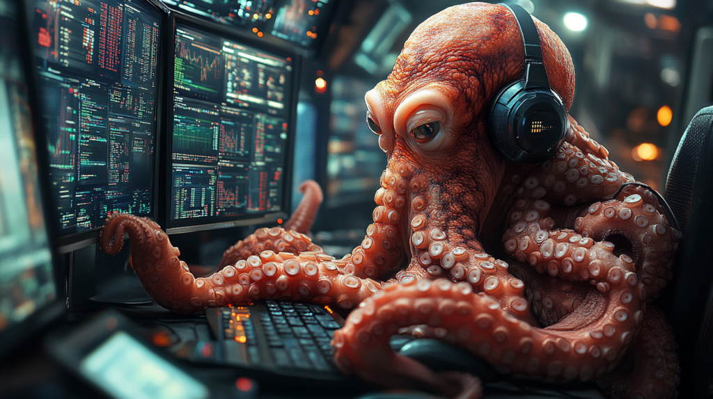 An octopus wearing headphones sits in front of multiple computer screens filled with complex forex charts and data. Its tentacles operating the keyboard and mouse, symbolizing the multitasking required in analyzing forex news and market movements.