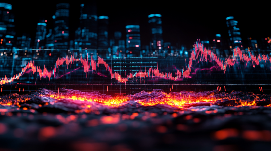 A vibrant technical analysis chart overlaying a futuristic cityscape, with glowing red and orange market patterns resembling magma. The image poses the question: 'Does technical analysis work?' amidst dynamic financial data visuals.