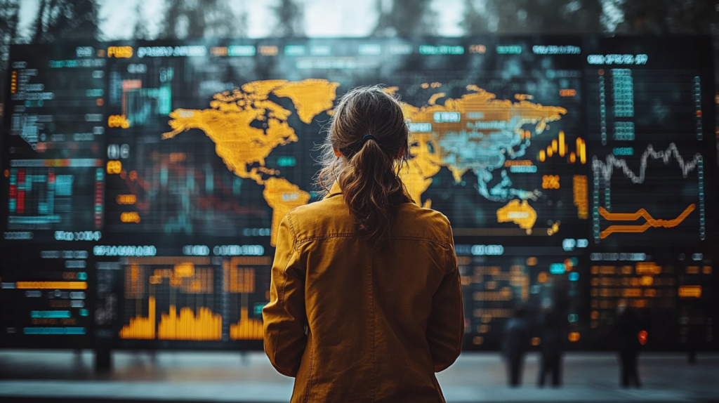 A financial analyst standing in front of a large digital screen displaying fluctuating global currency symbols (like $, €, £, ¥), graphs, and trend lines. The screen shows a world map in the background, with arrows indicating the movement of exchange rates between countries