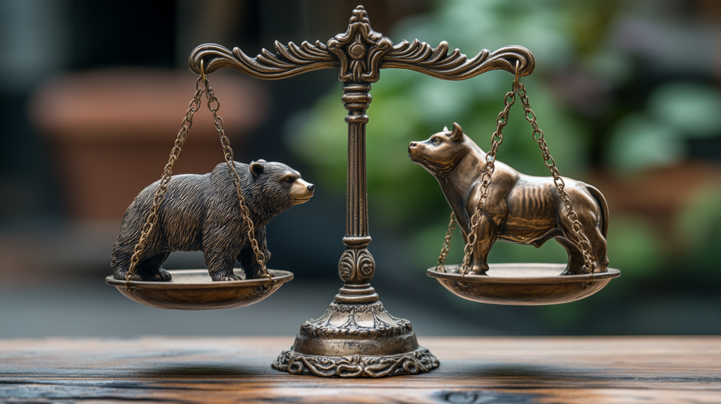 A bear and a Bull on a balanced scale representing Efficient Market Hypothesis