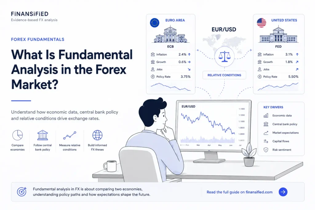 Illustration of fundamental analysis in forex, comparing Euro Area and U.S. economic conditions, central bank policy and relative drivers of EUR/USD.