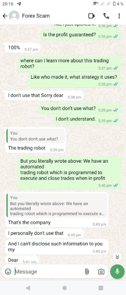 Forex scam, a screenshot of communication with fake account manager