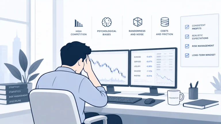 Day trading is hard: trader analyzing markets amid competition, trading costs, randomness and psychological biases.