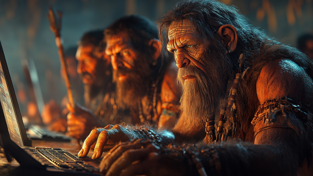 Neanderthal traders in front of the monitor symbolizing why retail trading is hard