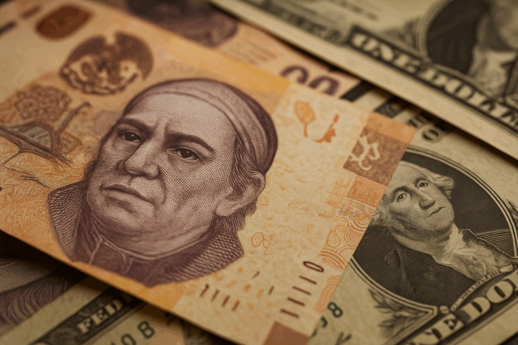 A close up image of Mexican Pesos and US Dollars