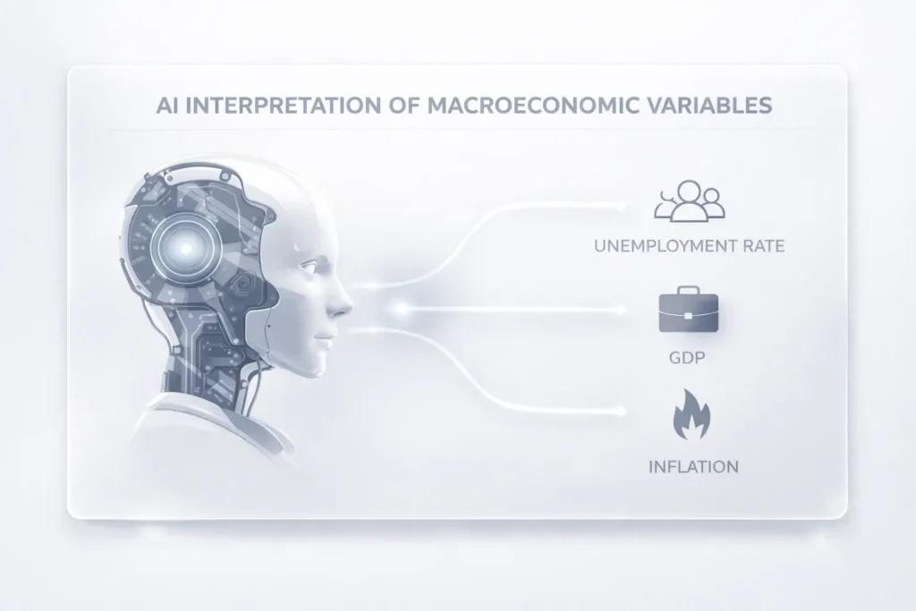 Minimalist infographic showing AI interpretation of macroeconomic variables like unemployment, GDP, and inflation
