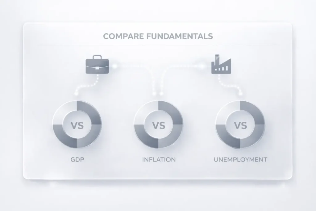 Modern compare fundamentals infographic with donut charts for GDP, inflation, and unemployment