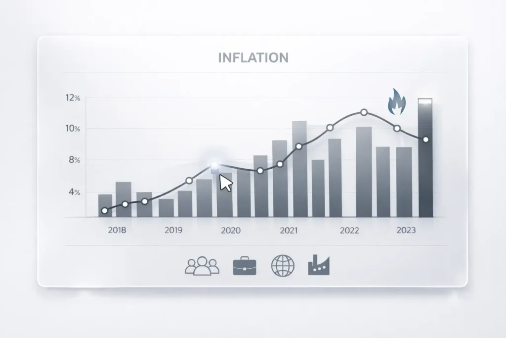 Modern inflation dashboard chart with glassmorphism design and rising trend line