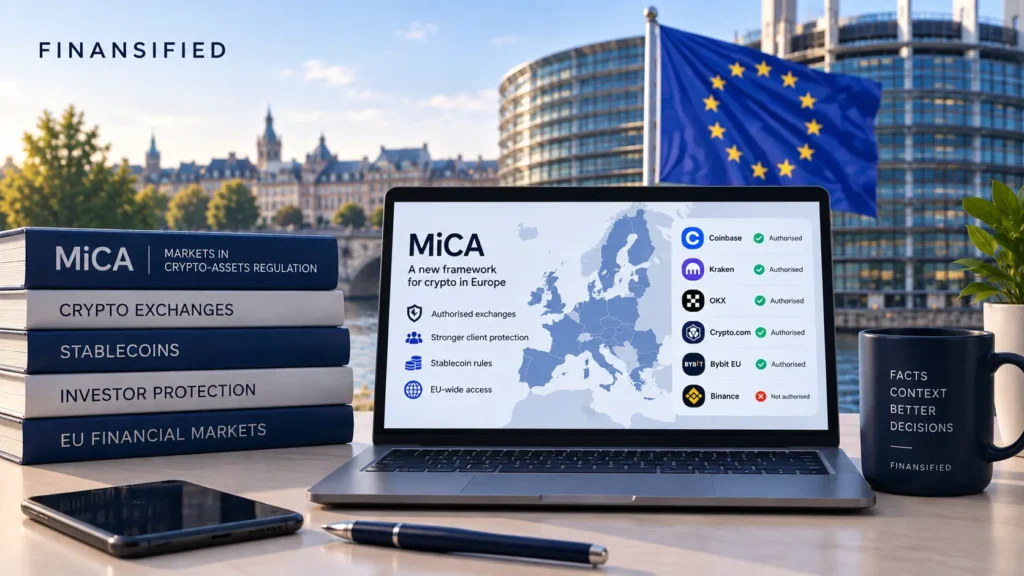 MiCA regulation in Europe illustrated with EU crypto exchange authorisation statuses, stablecoin rules, investor protection and the European Union flag.